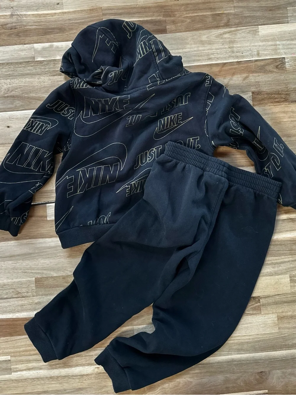 Nike Black Kids Hoodie and Jogger Set with Gold Logo Accents
